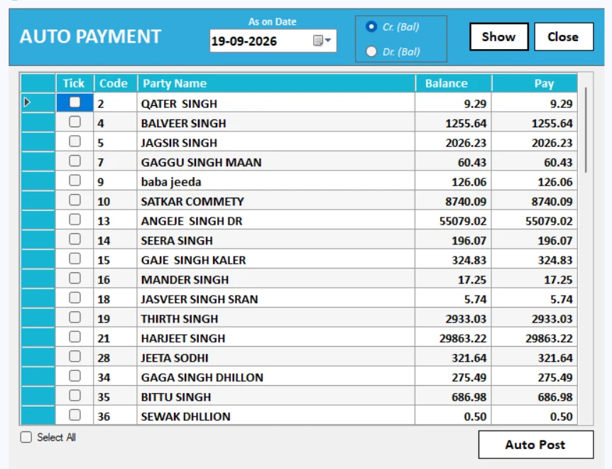 Auto Payment with Auto Post screen in Milk Man dairy software