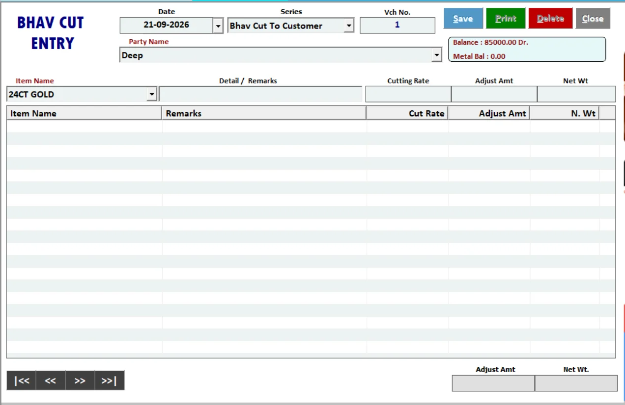 Bhav Cut entry in Timer Jewellery Management Software