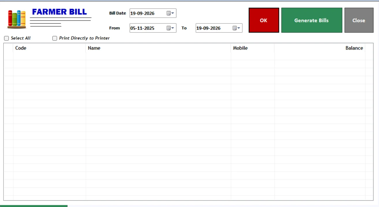 Farmer Bill screen in Milk Man dairy software