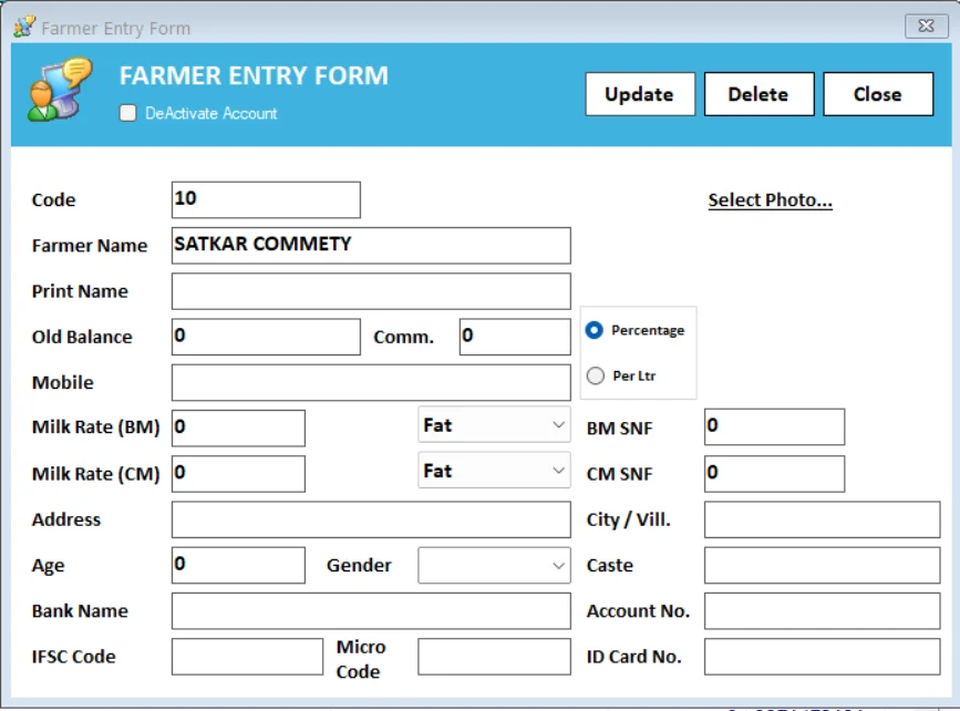 Farmer Entry Form screen in Milk Man dairy software