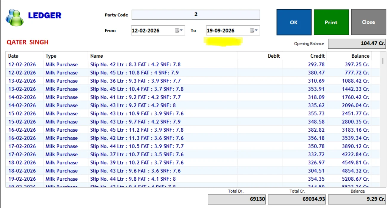 Farmer Ledger screen in Milk Man dairy software