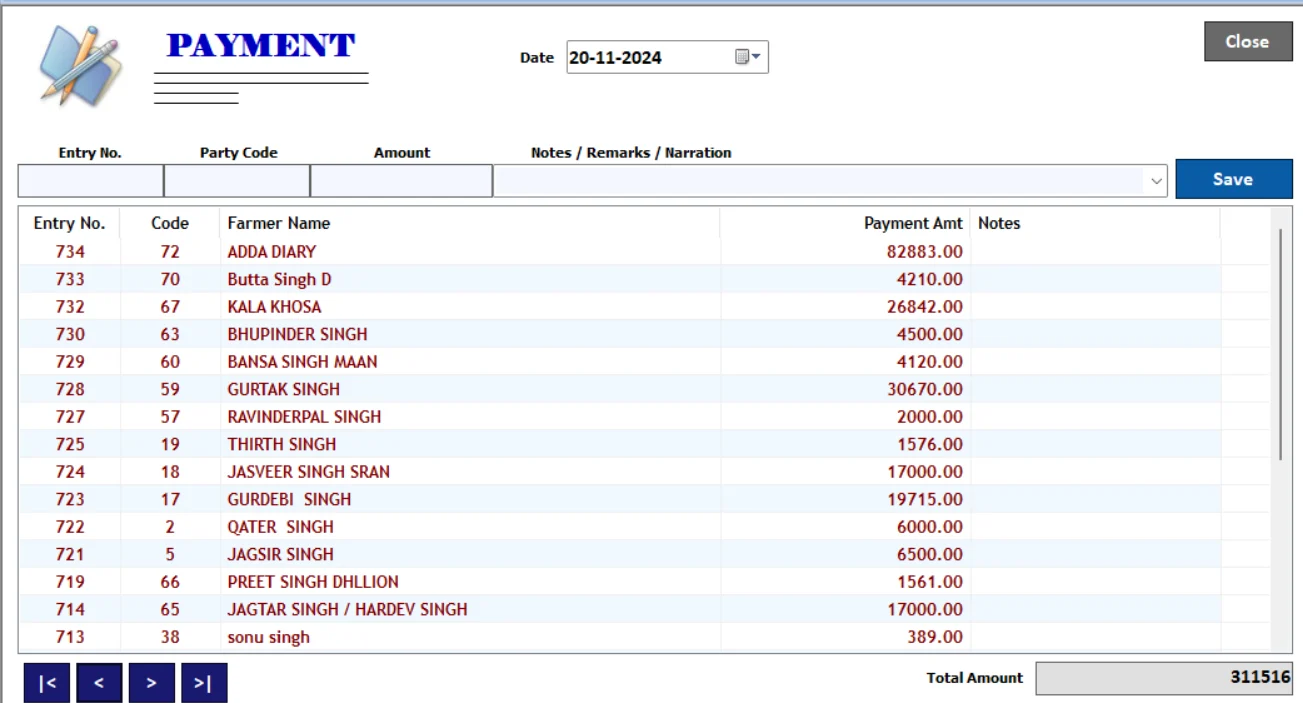 Farmer Payment Entry screen in Milk Man dairy software