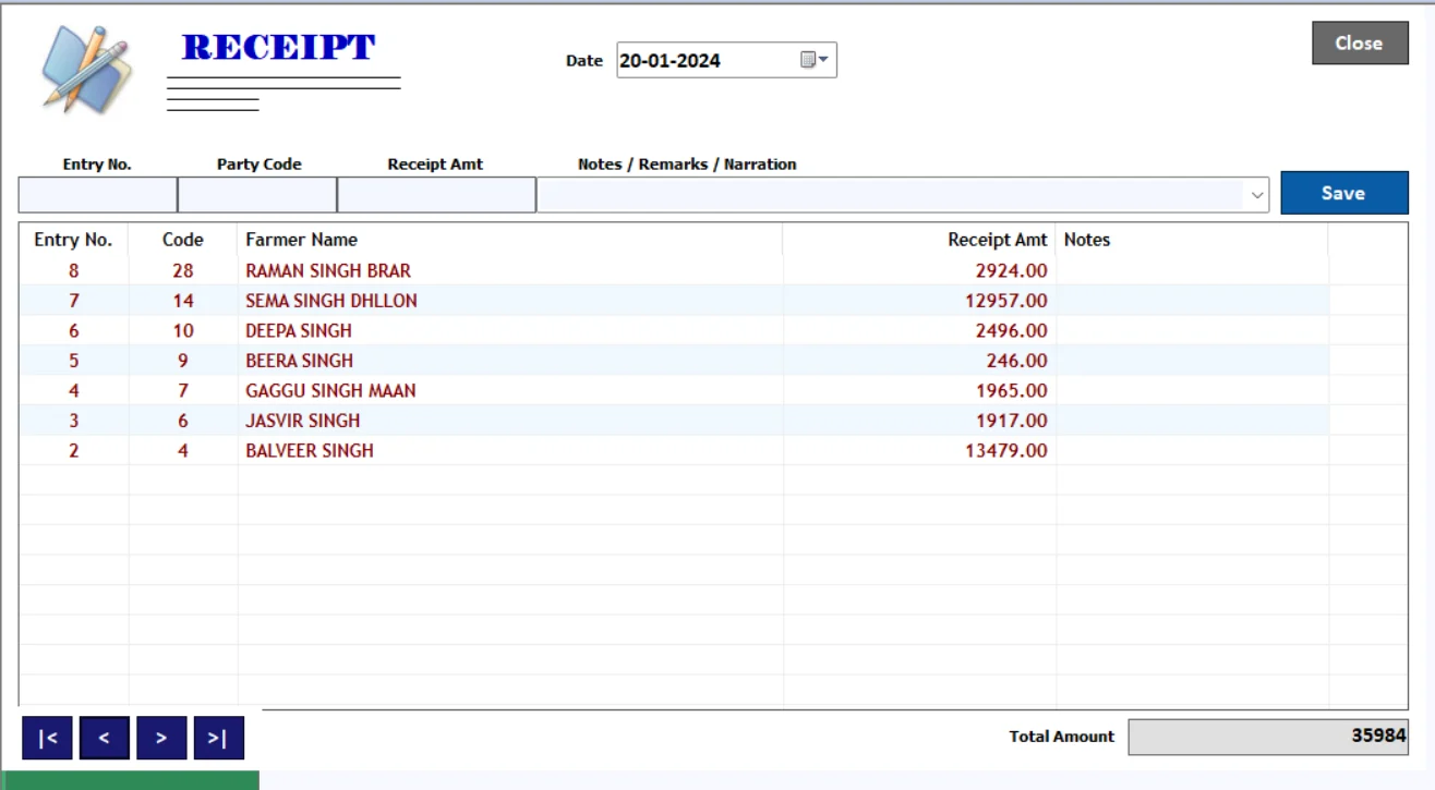 Farmer Receipt Entry screen in Milk Man dairy software