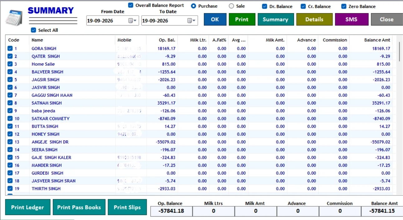 Farmer Summary screen in Milk Man dairy software