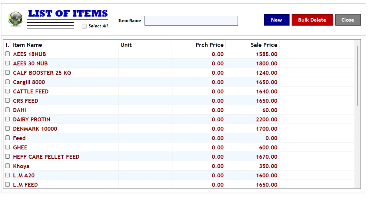 List of Stock Items screen in Milk Man dairy software
