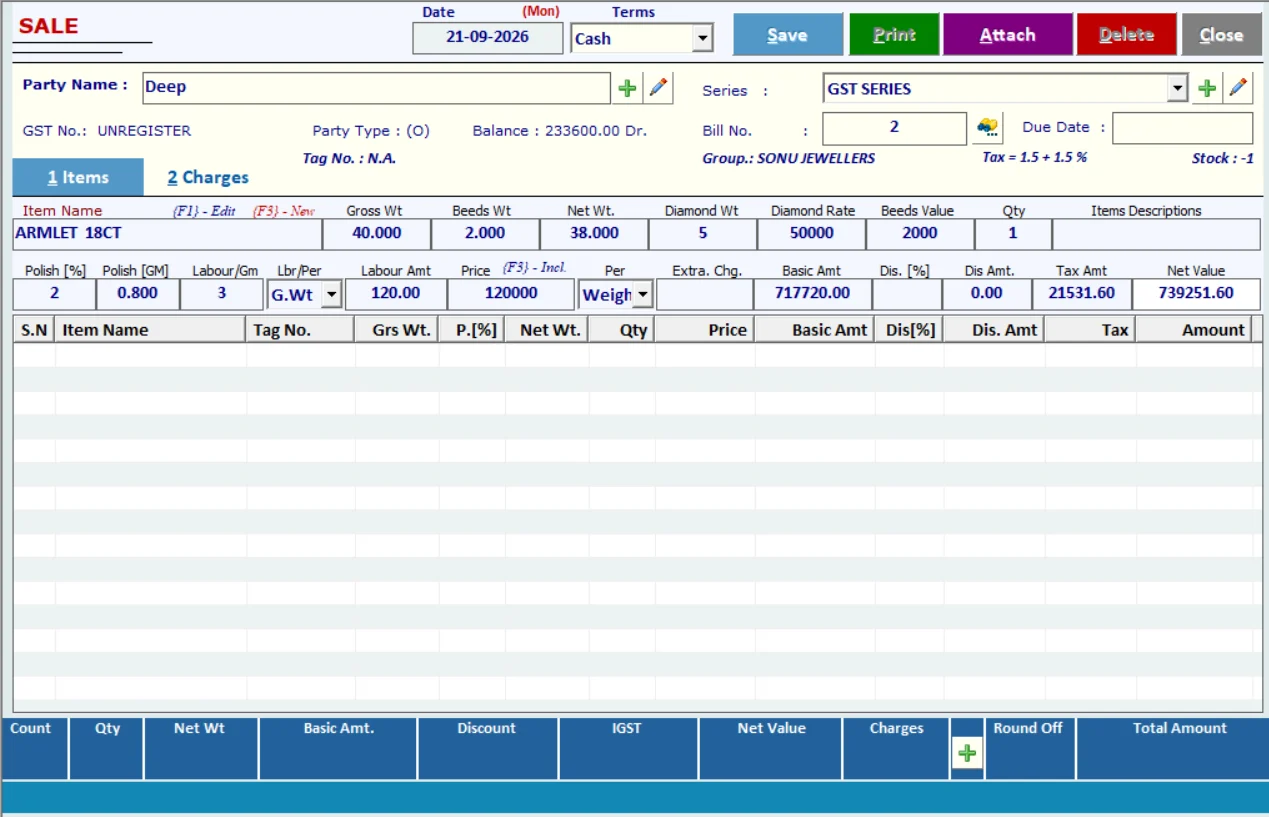 Sale entry and GST billing in Timer Jewellery Management Software
