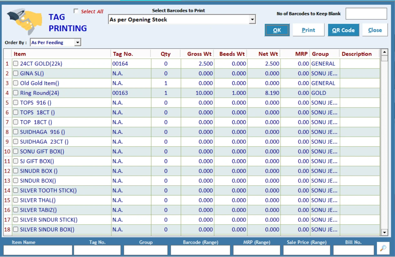 Tag printing and QR code printing in Timer Jewellery Software