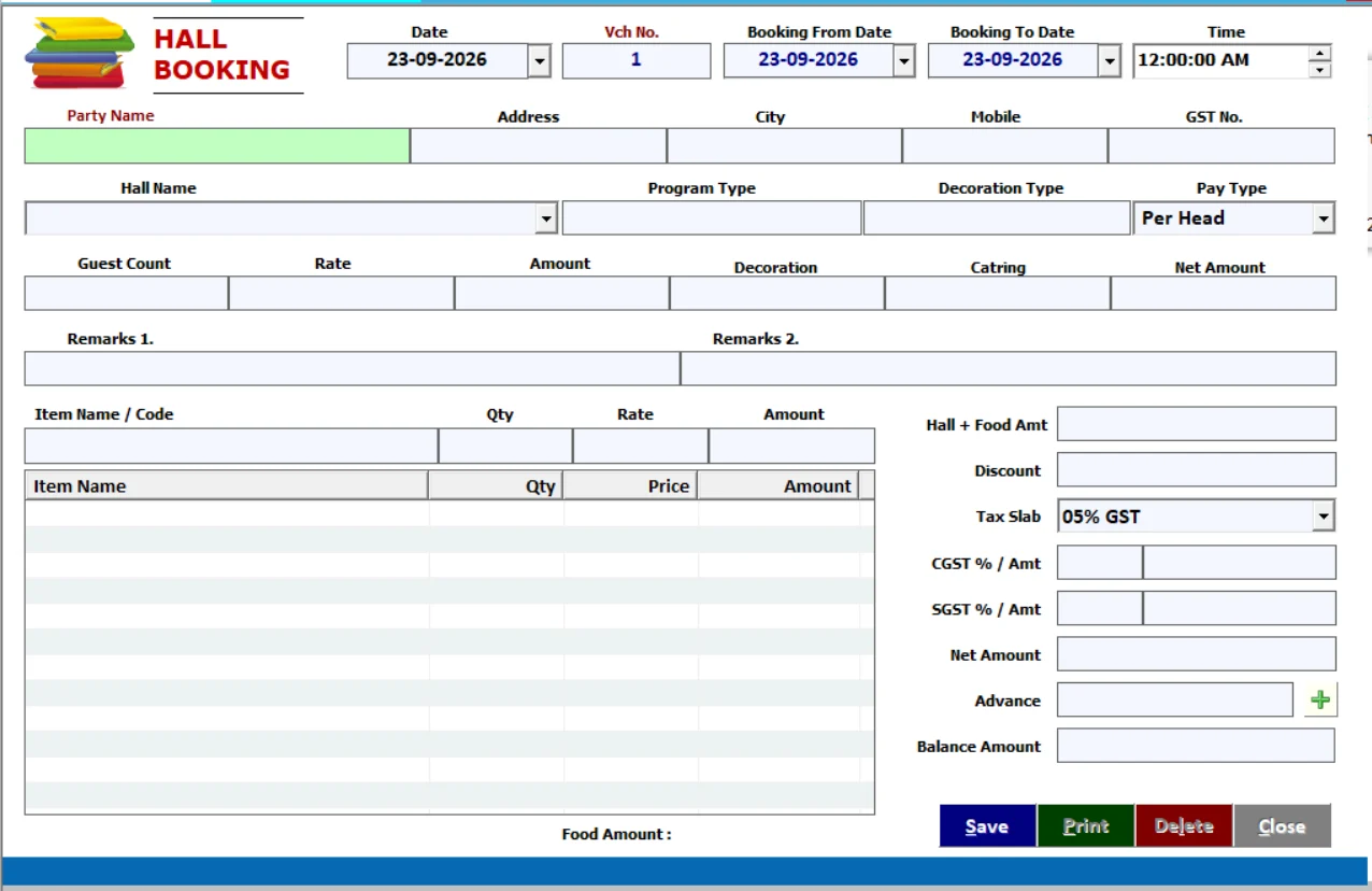 Banquet hall billing software screen
