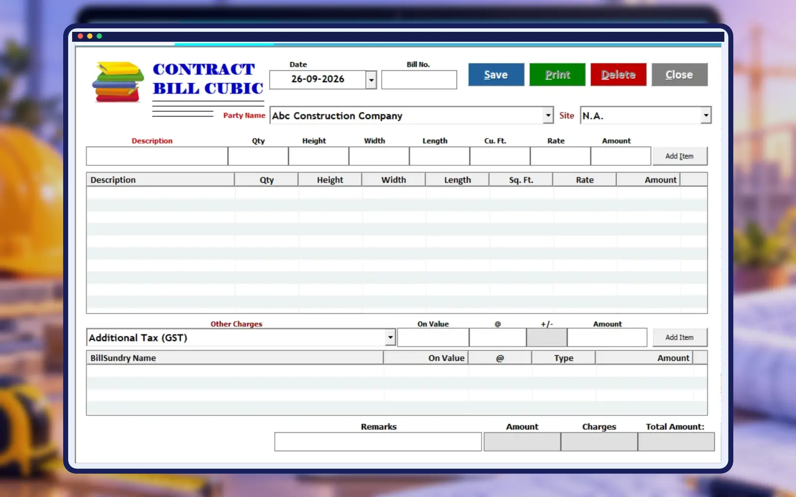 Empire Software contract billing square foot cube foot screen in professional construction frame