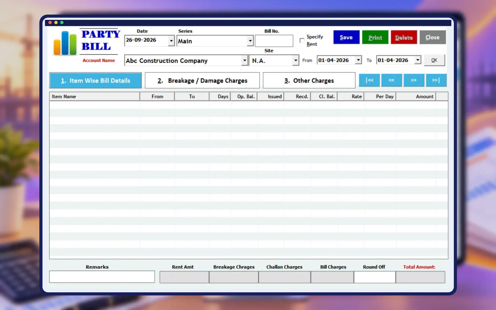 Empire Software day wise shuttering rental billing screen in professional construction frame