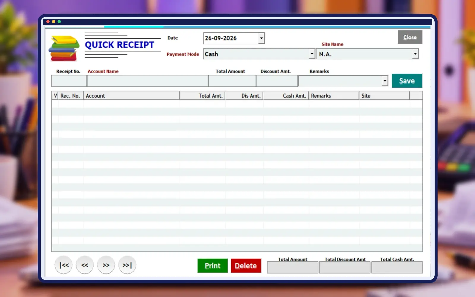 Empire Software quick receipt entry screen in professional construction frame