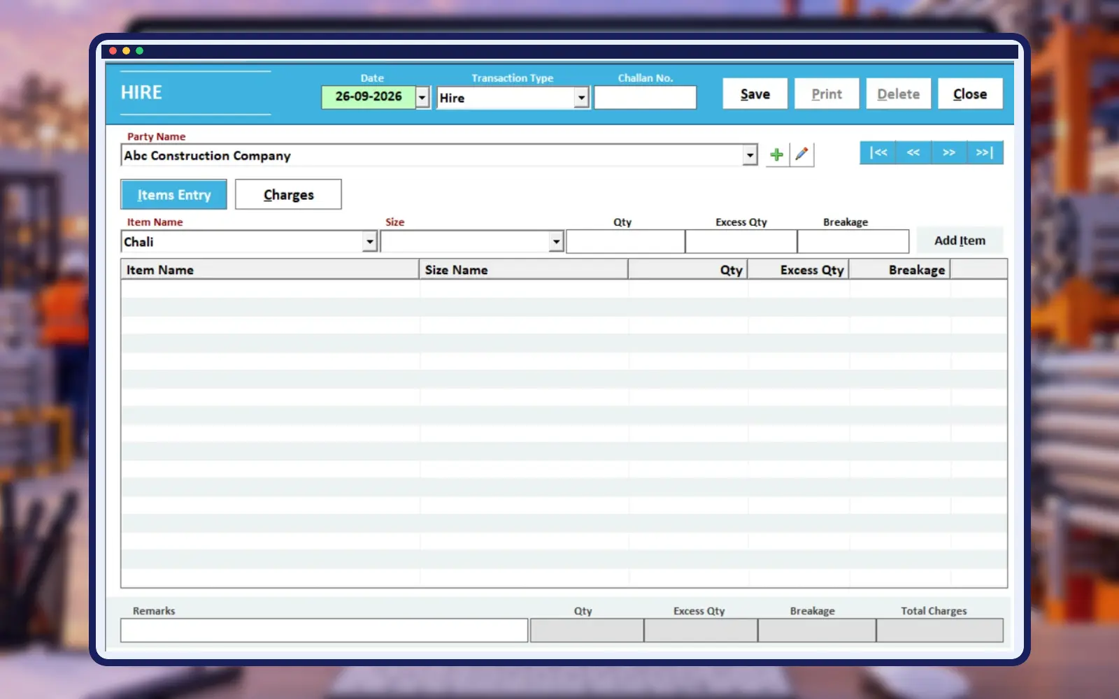 Empire Software scaffolding hire unhire entry screen in professional construction frame
