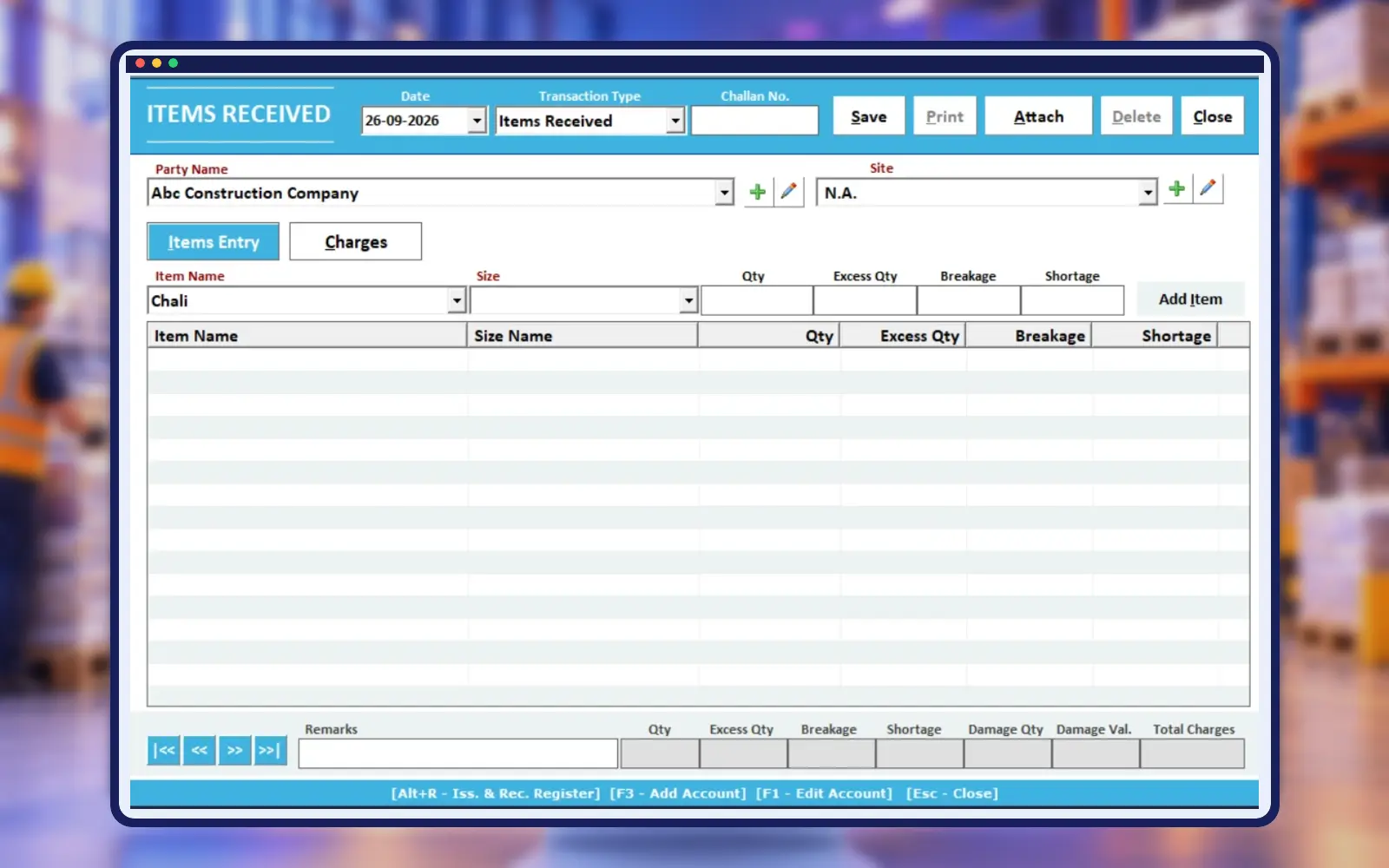 Empire Software scaffolding material receive entry screen in professional construction frame