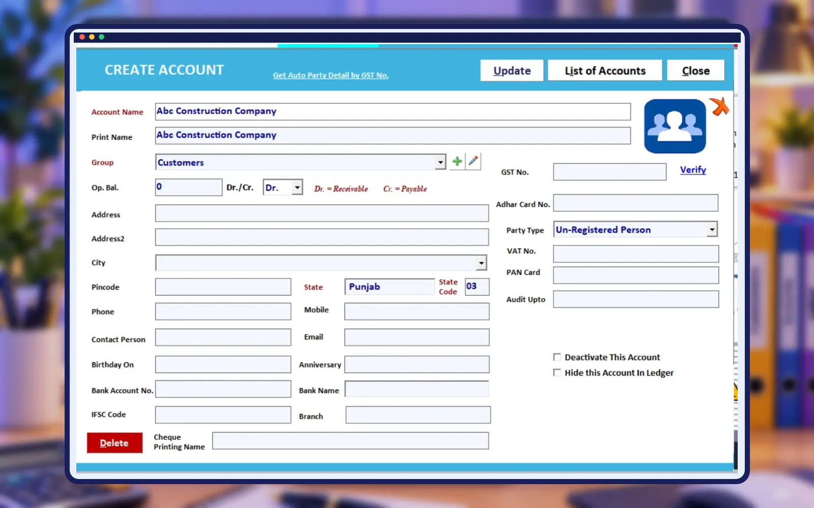 Empire Software scaffolding software account master screen in professional construction frame