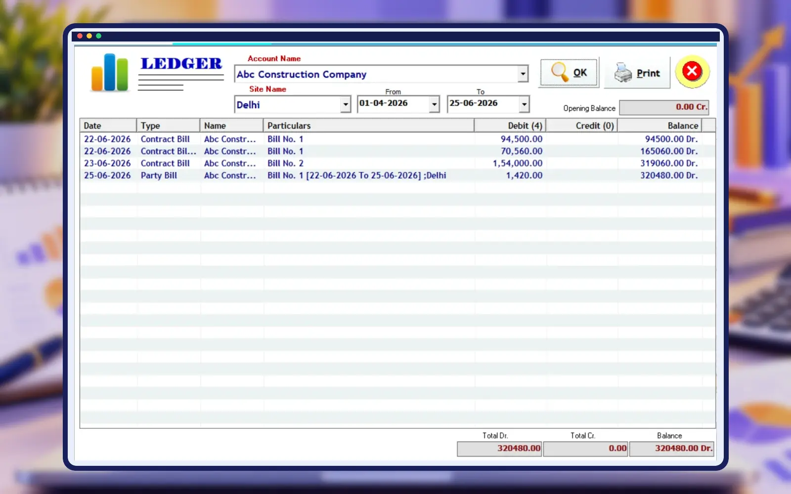 Empire Software shuttering customer ledger screen in professional construction frame