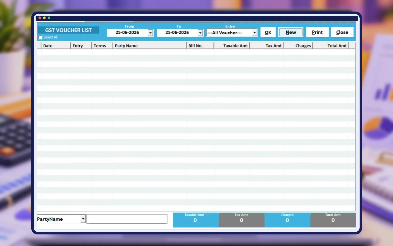 Empire Software shuttering gst reports screen in professional construction frame