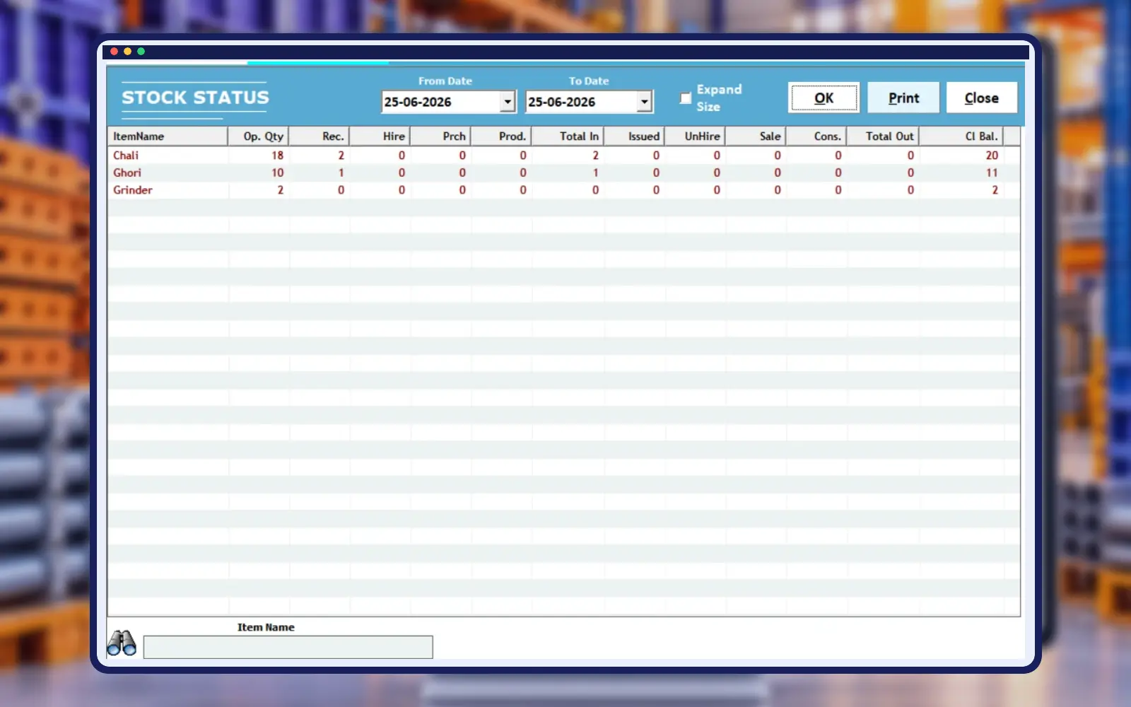 Empire Software shuttering inventory management screen in professional construction frame