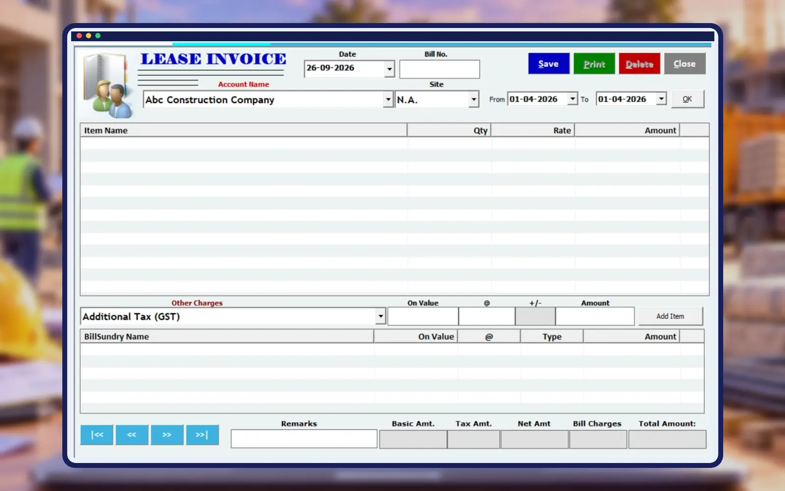 Empire Software shuttering material challan print screen in professional construction frame