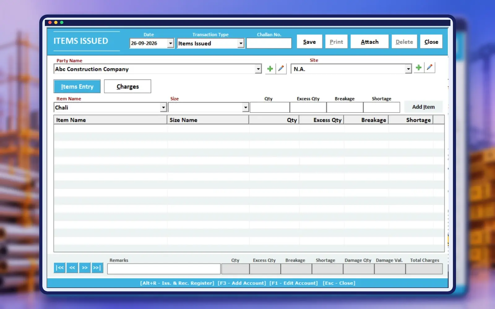 Shuttering Material Issue Entry Software screen in professional construction frame