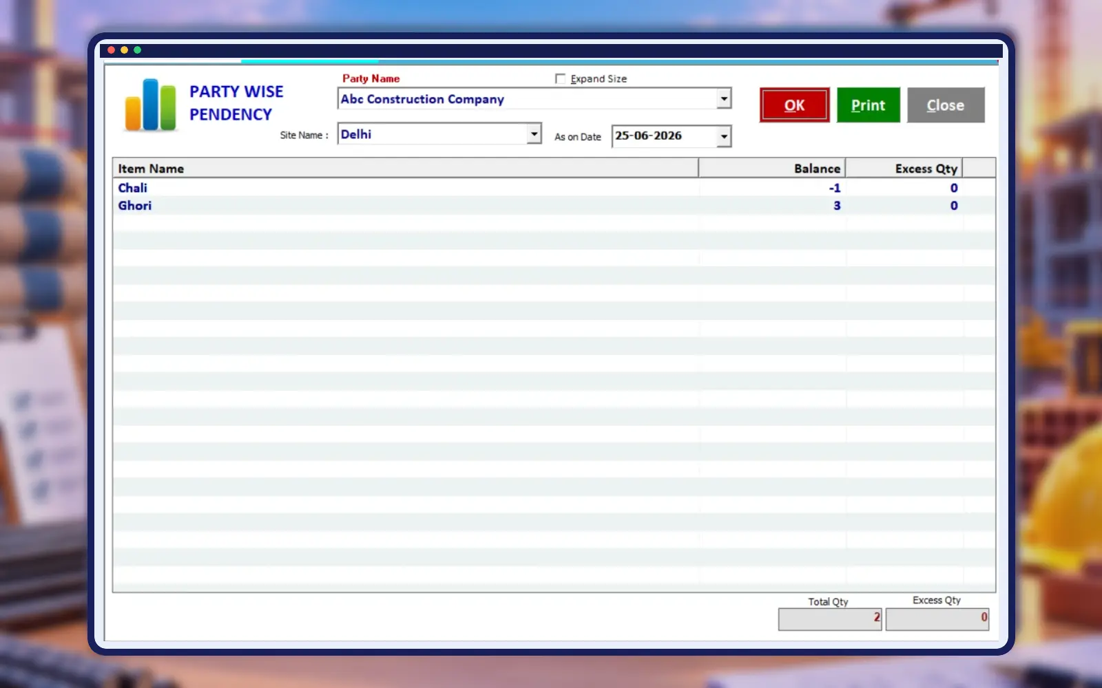 Empire Software shuttering pendency report screen in professional construction frame
