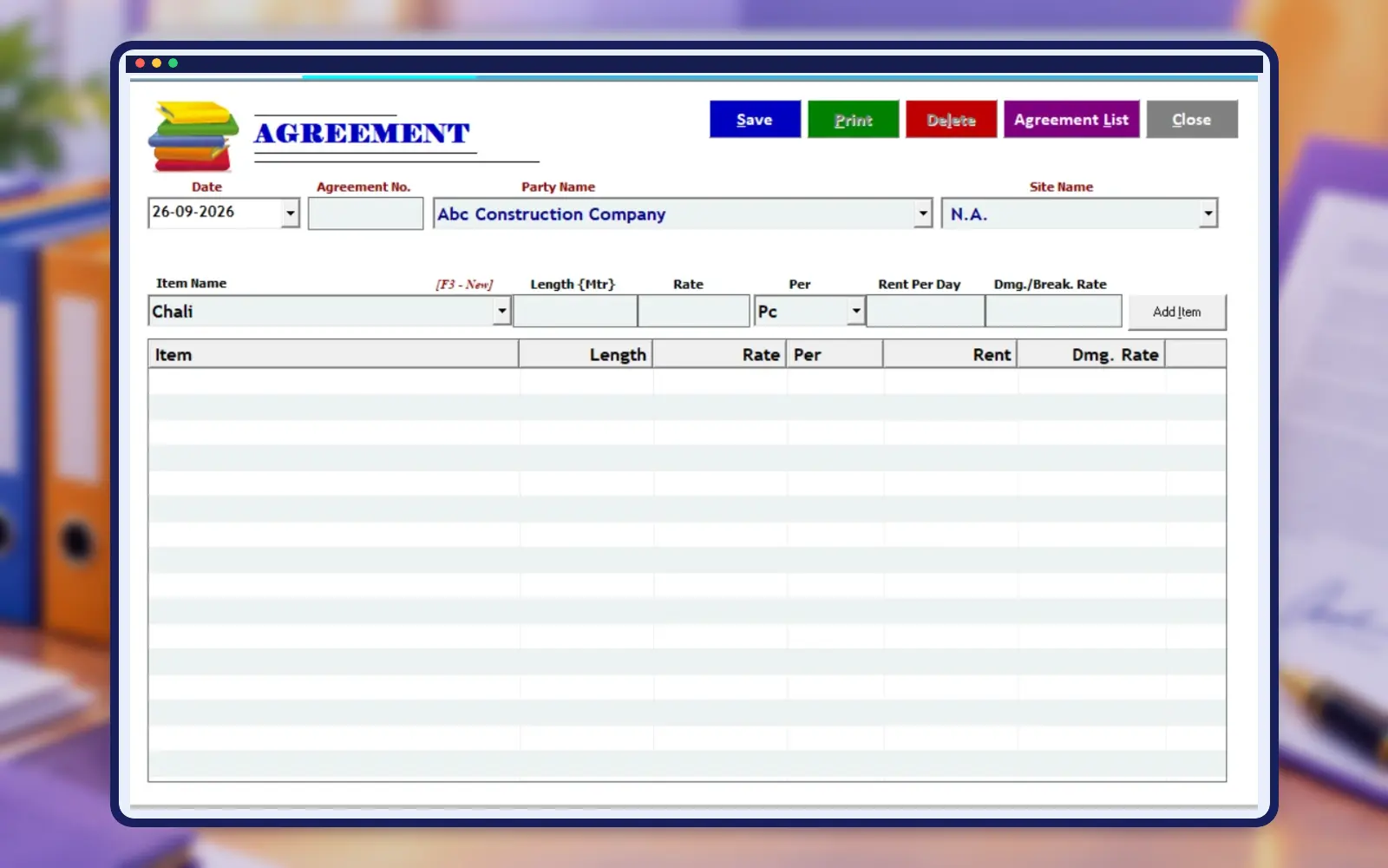 Empire Software shuttering rental agreement management screen in professional construction frame