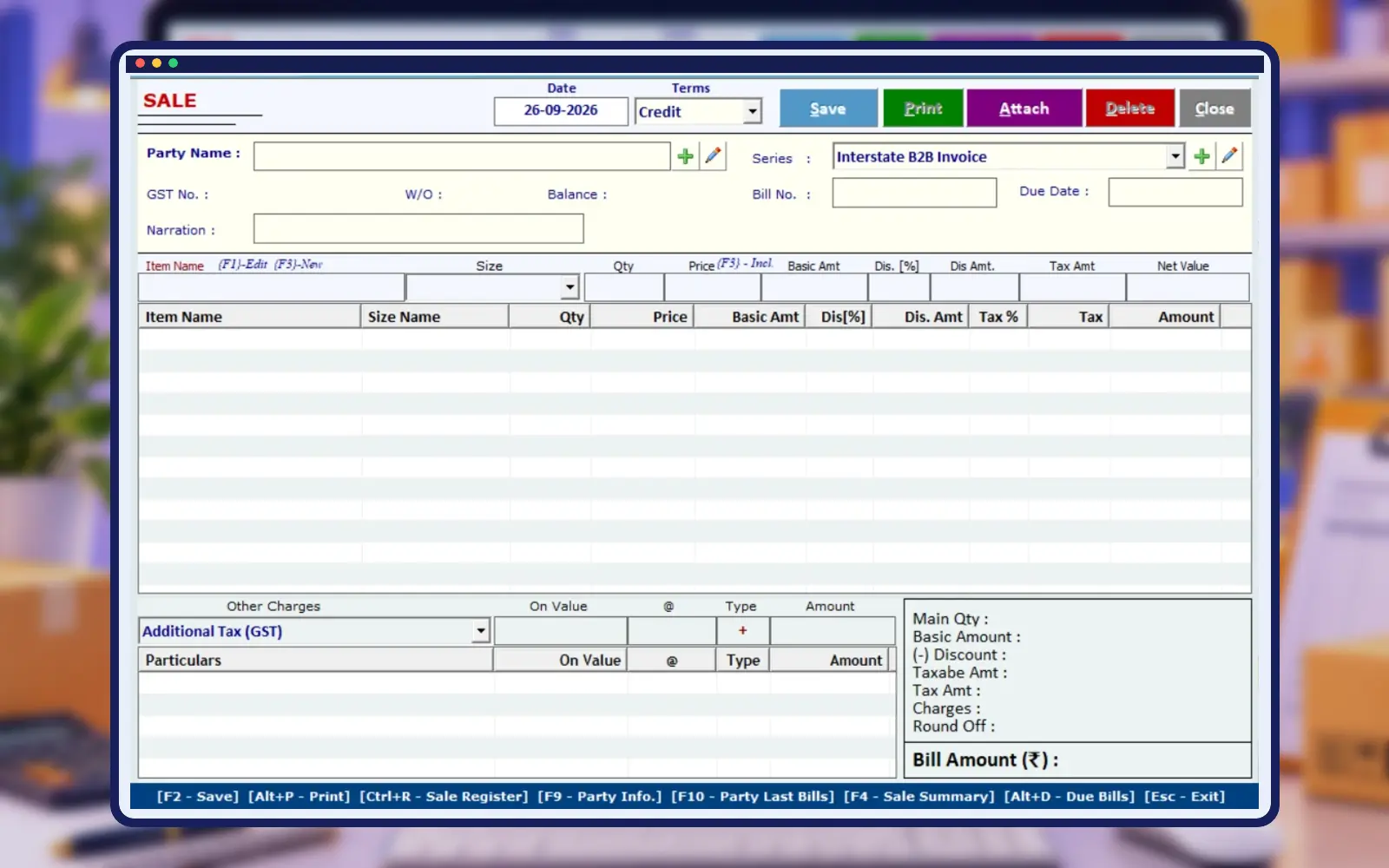 Empire Software shuttering sale purchase entry screen in professional construction frame