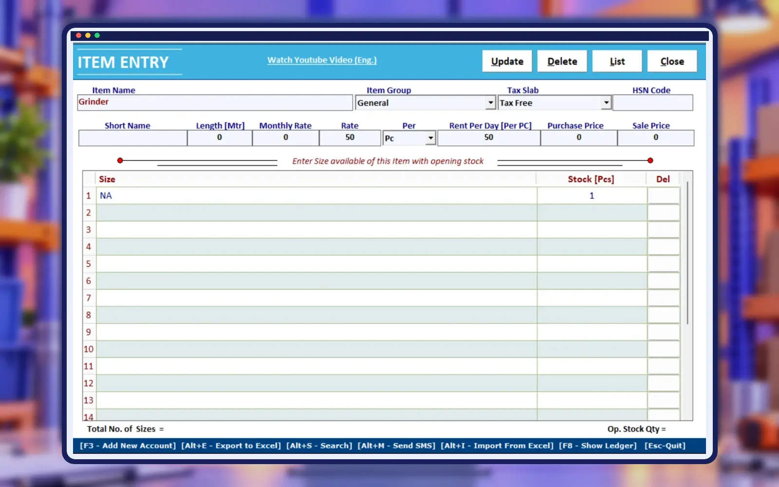 Empire Software shuttering scaffolding item master screen in professional construction frame