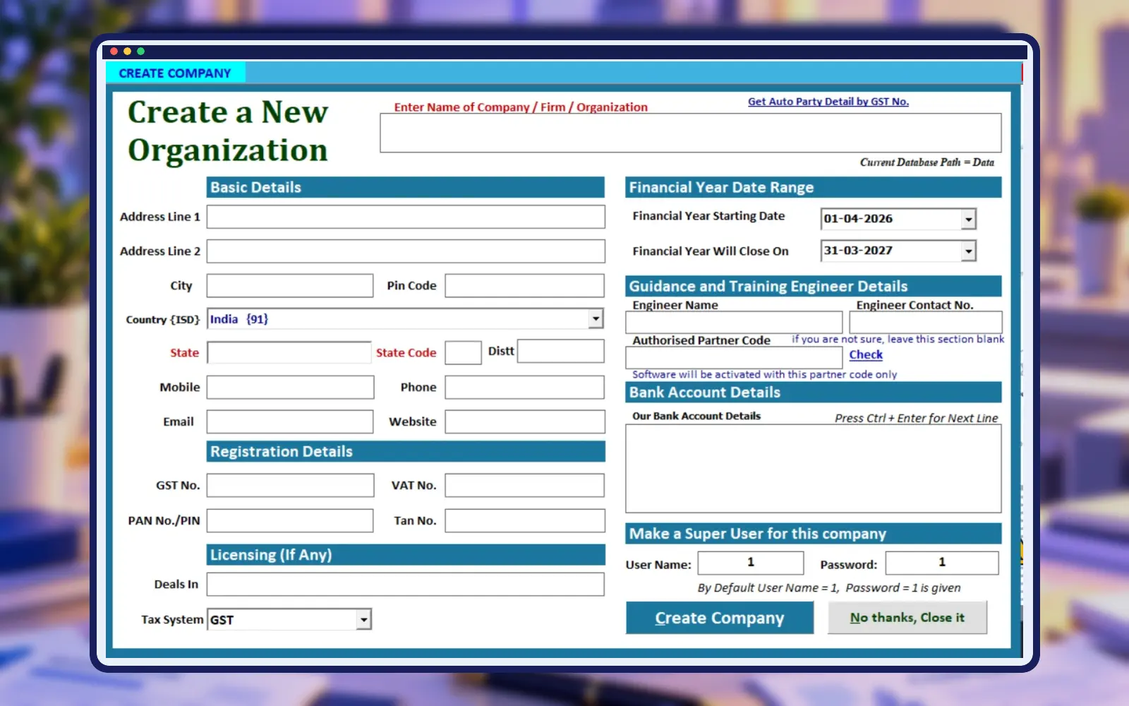 Empire Software shuttering software company creation screen in professional construction frame