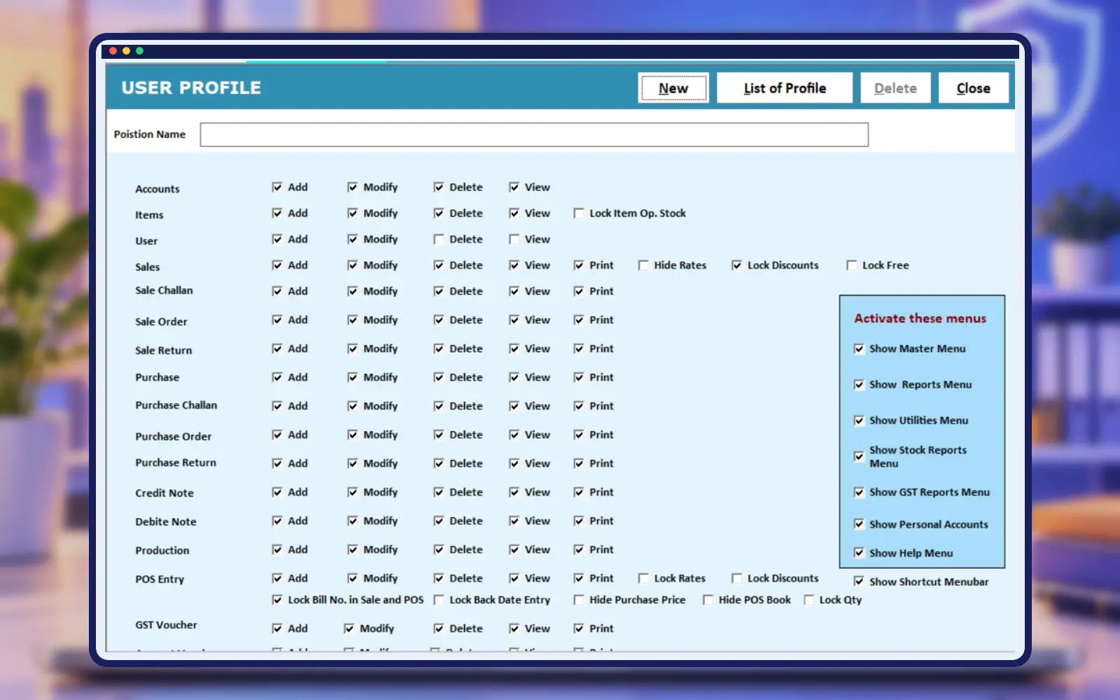 Empire Software shuttering software user security screen in professional construction frame