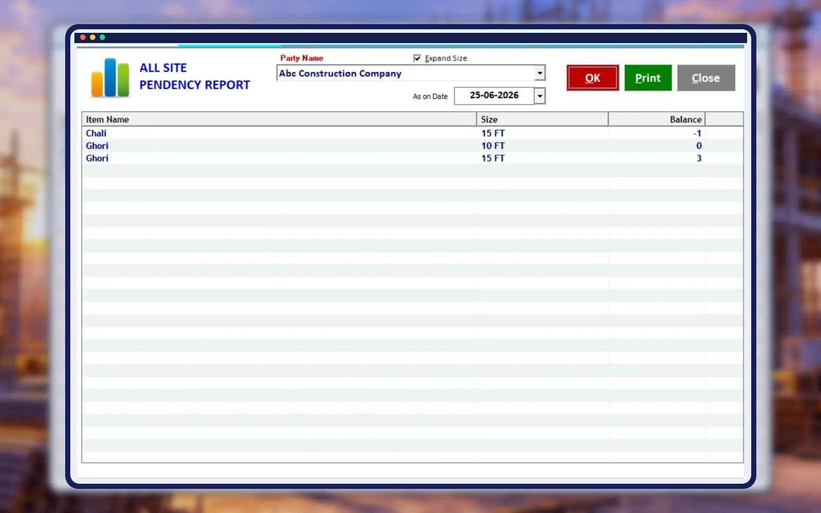 Empire Software site wise scaffolding stock tracking screen in professional construction frame