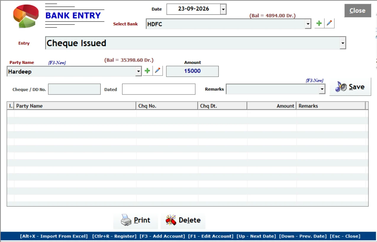 Hotel ERP bank entry management screen