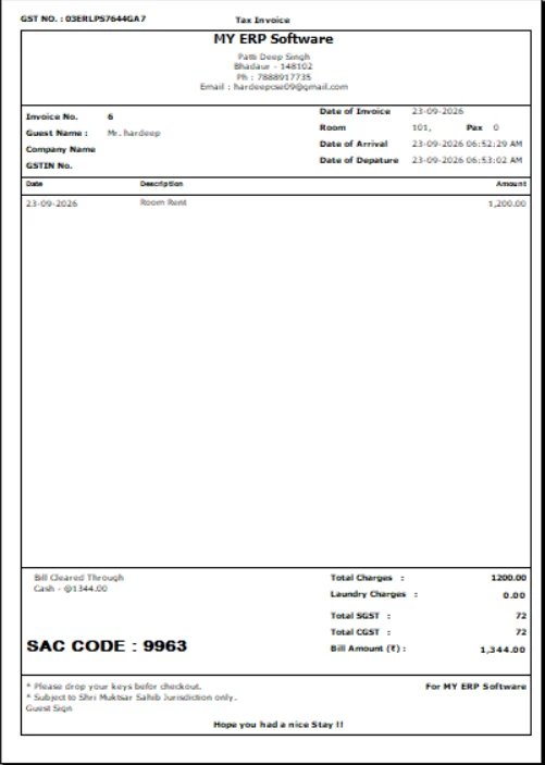 Hotel billing software with GST invoice screen
