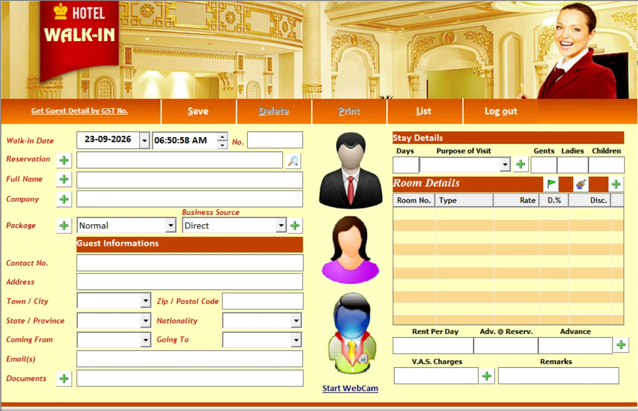 Hotel guest check-in entry screen