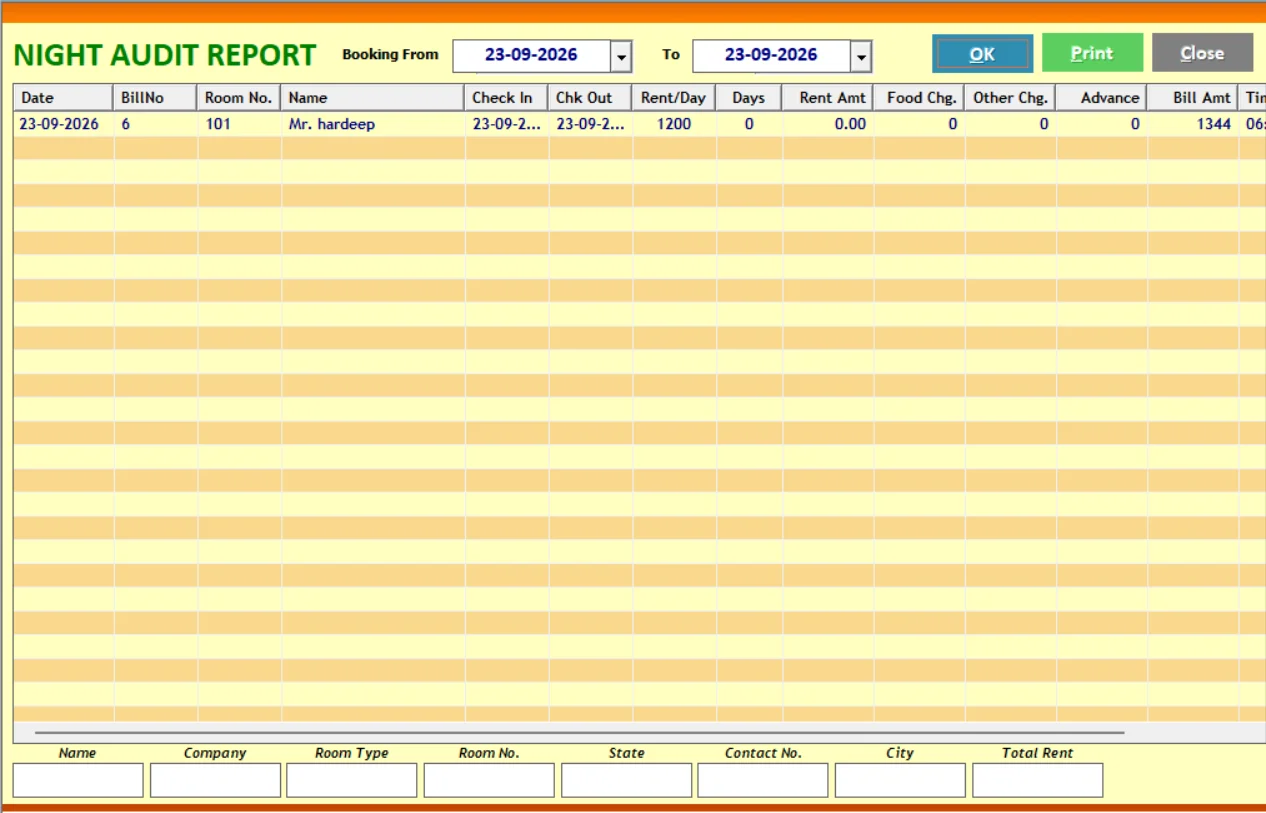Hotel ERP night audit report