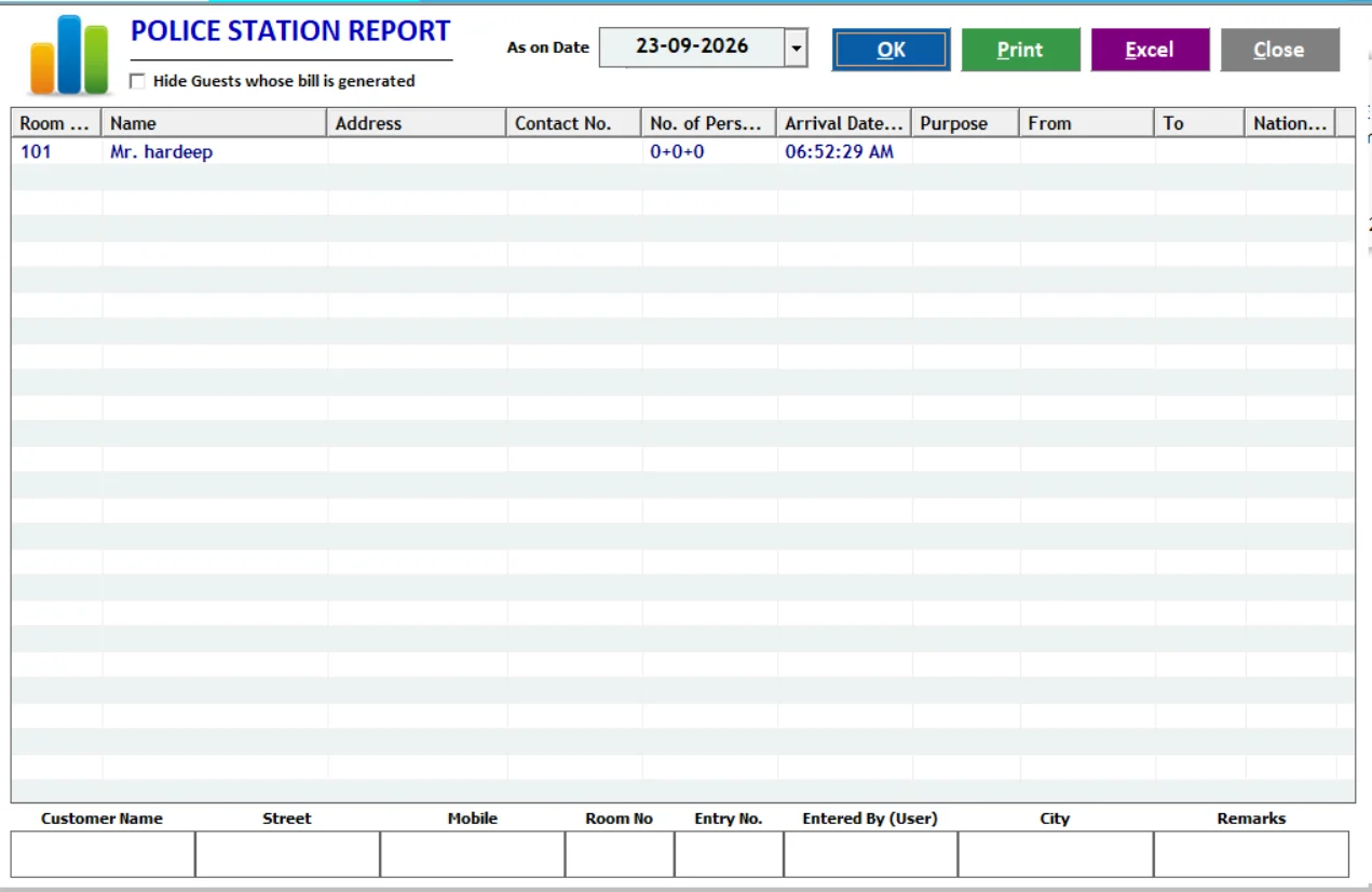 Hotel police station guest reporting screen