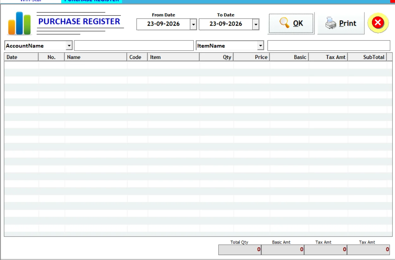 Hotel ERP purchase report screen