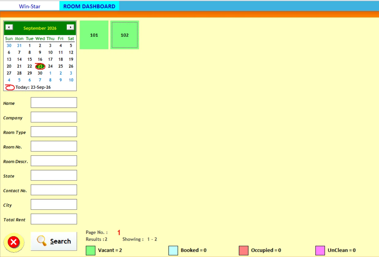 Hotel room dashboard with room status legend and filters