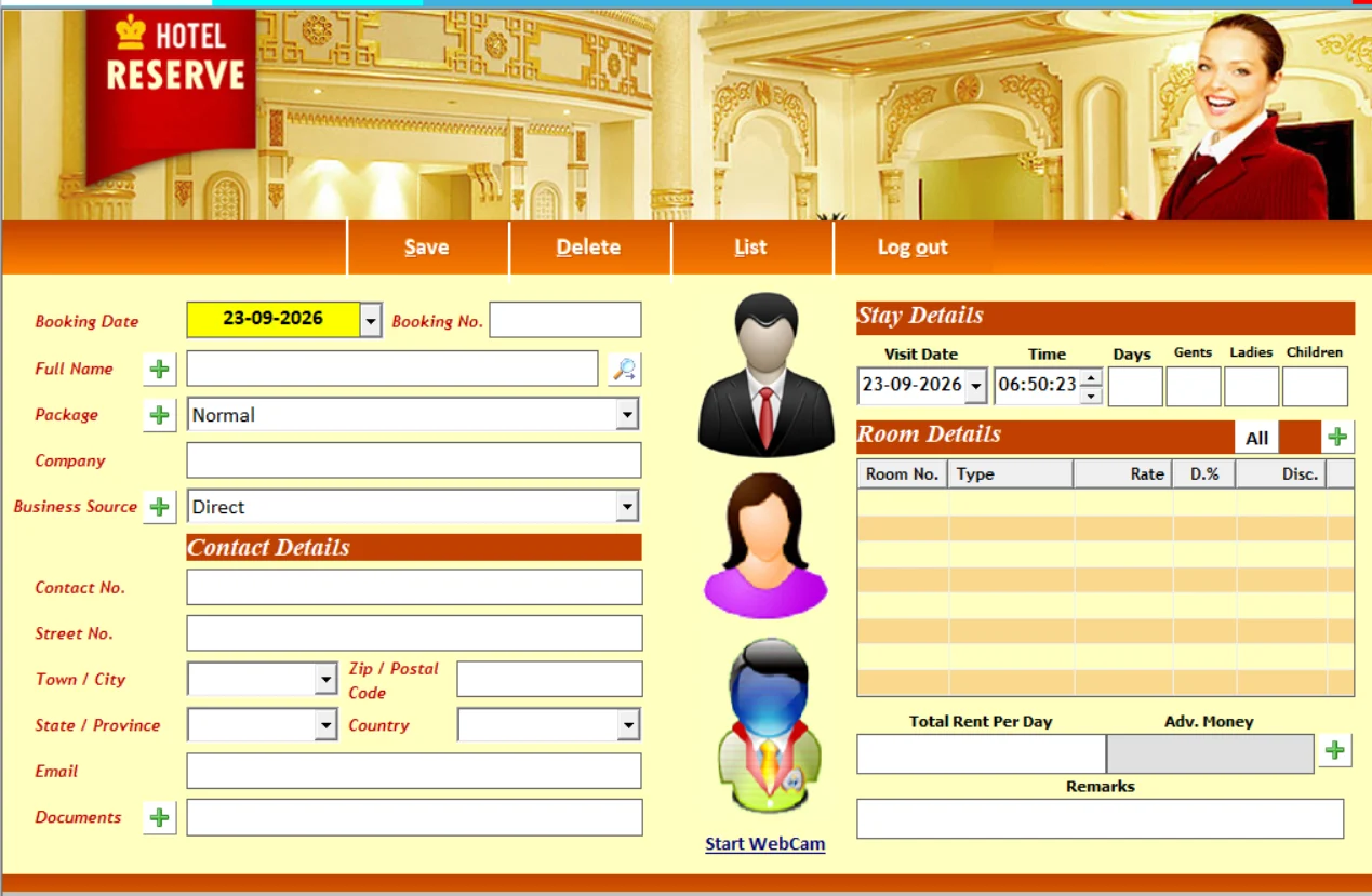 Hotel room reservation management screen