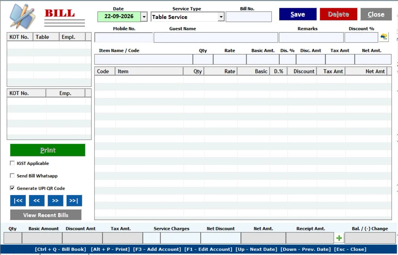 Restaurant Food Billing Software and POS Billing Screen