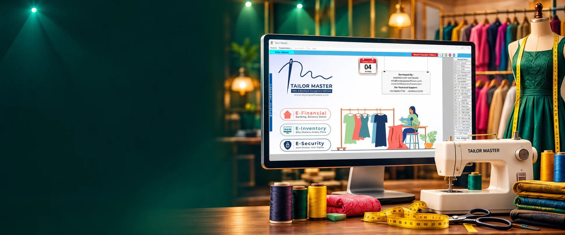 Tailor Master boutique and tailor shop software shown on a monitor with sewing machine in an emerald tailoring studio