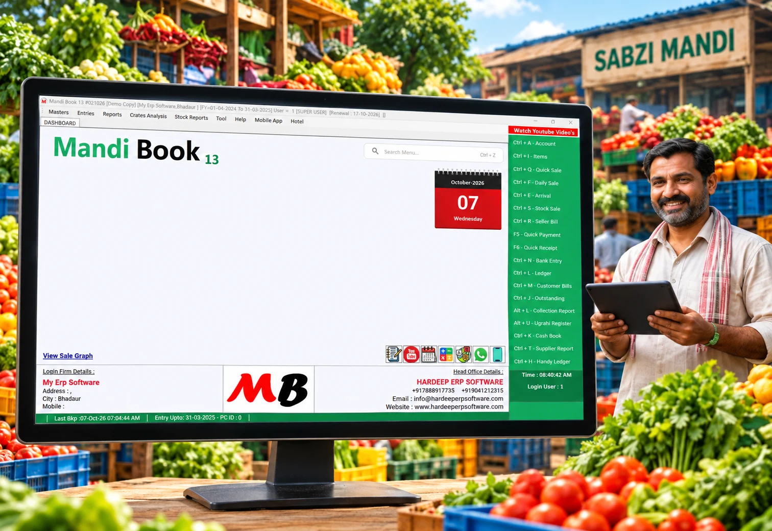 Mandi Book 13 Sabzi Mandi Software dashboard in a fruit and vegetable mandi