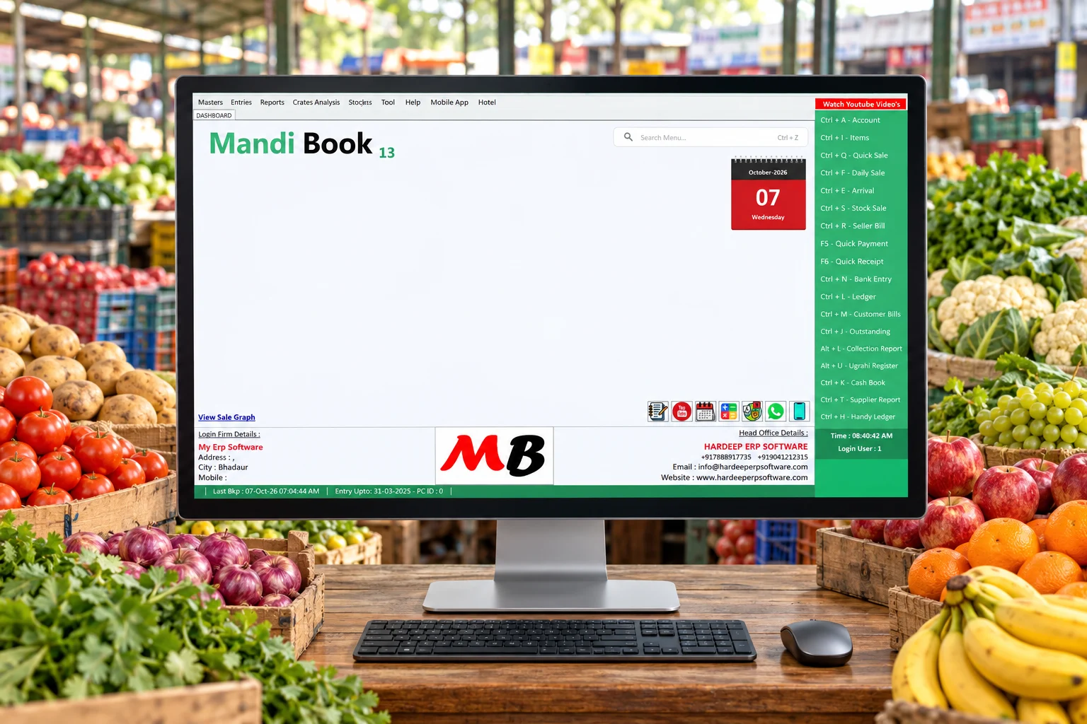 Mandi Book 13 software dashboard on a central monitor surrounded by fruit and vegetable crates in an Indian mandi
