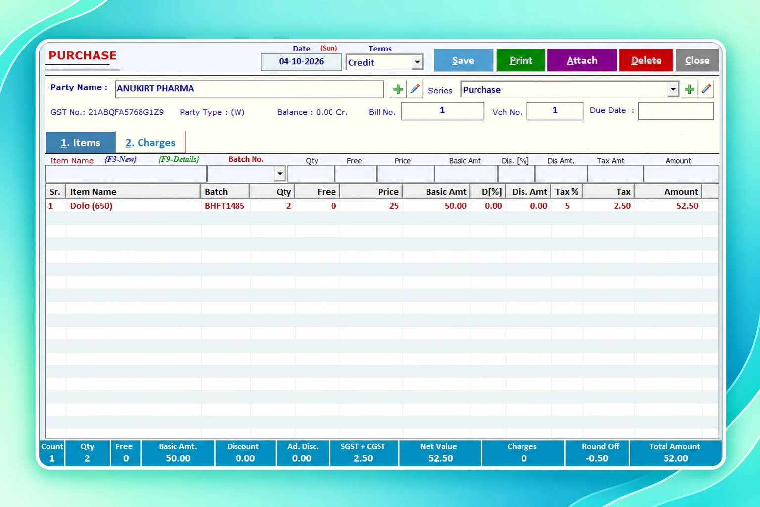 Medi + Cal Pharmacy Billing Software medicine purchase entry screen
