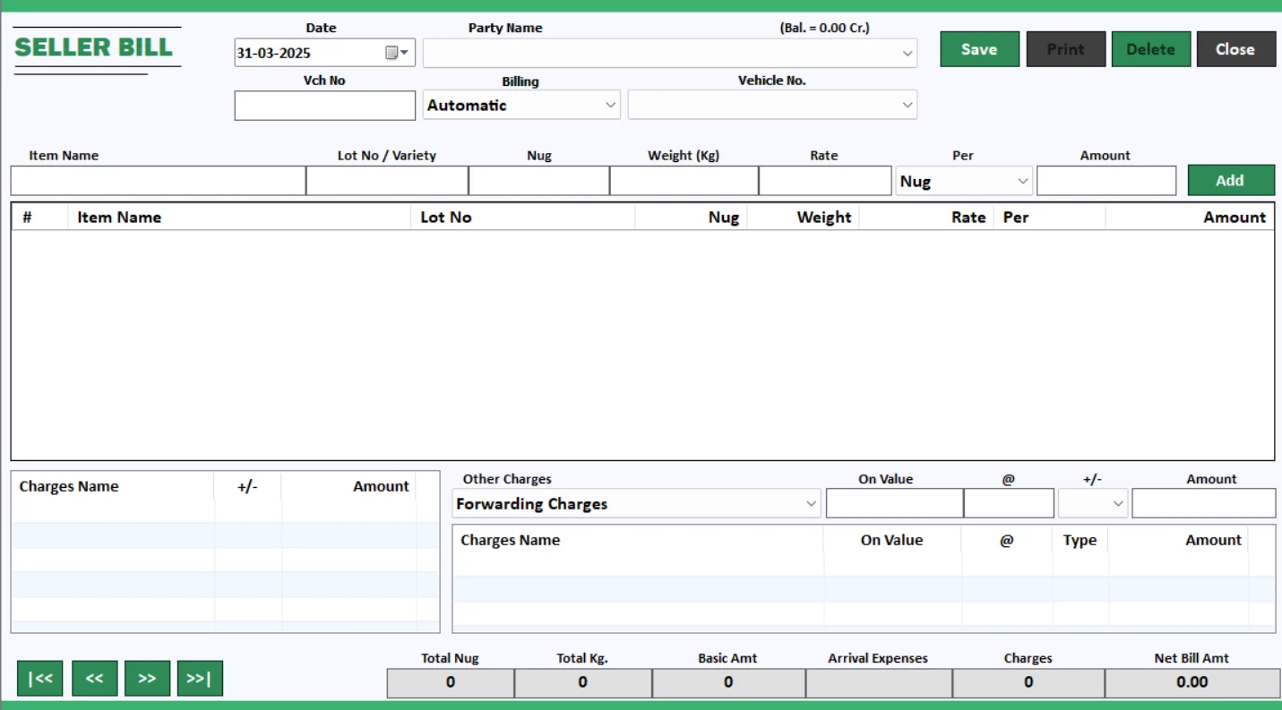 mandi book 13 receipt billing screen