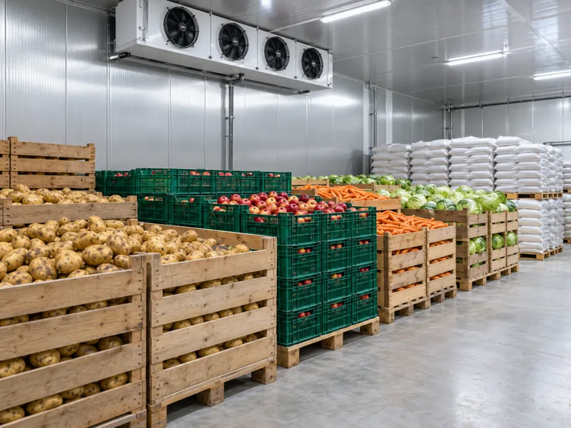 Potatoes, apples, vegetables and grain sacks organized in a refrigerated multi-commodity storage room