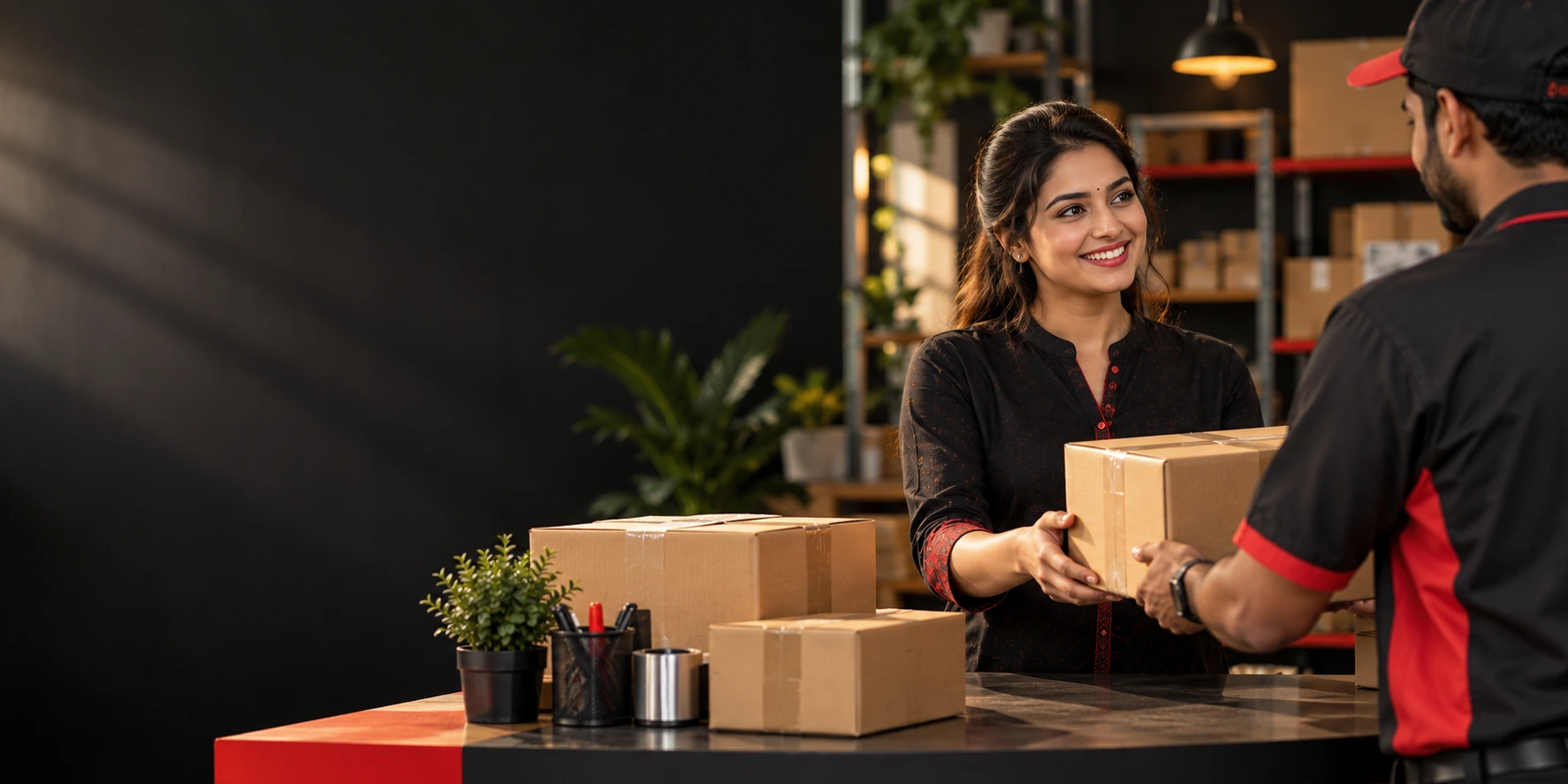 Parcel handover at a courier agency counter