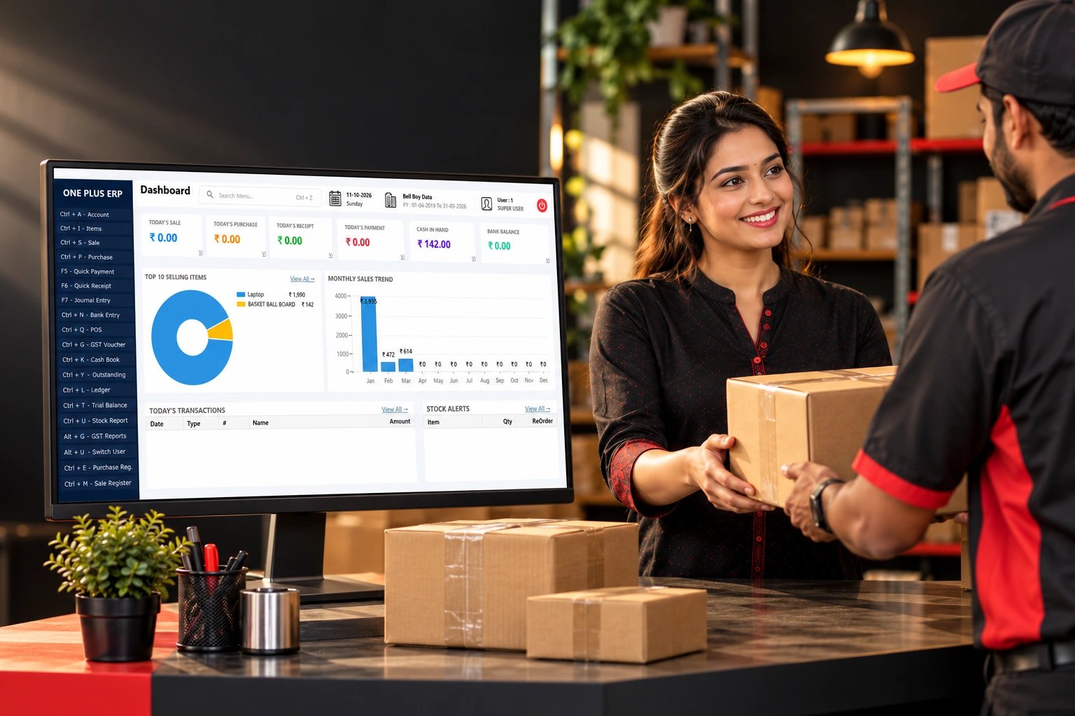 Courier office with the supplied ERP dashboard integrated into a desktop monitor beside a parcel handover